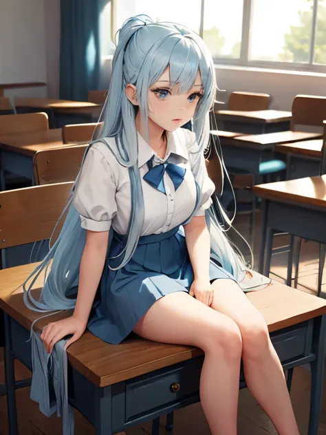 one girl, long light blue hair, dark blue, sit in classroom, princess of the girls&#39; high school, uniform, princess dress, el...