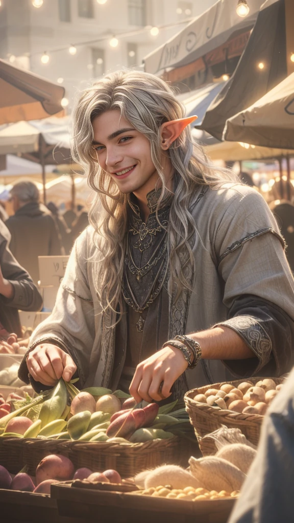 Beautiful young male elf, very long wavy Silver white hair, UHD, Super detailliert, Beste Qualität, Genau, delicate facial features, long pointy ears, at the market in a fantasy setting, smiling happily 