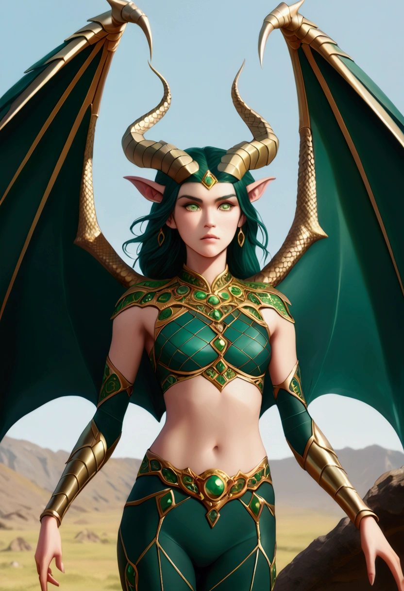 A dragon woman with dragon wings and horns, greenish green with golden ornaments, high jump, tall and thin woman, olhos ruby, serious face, facing, facing the screen.