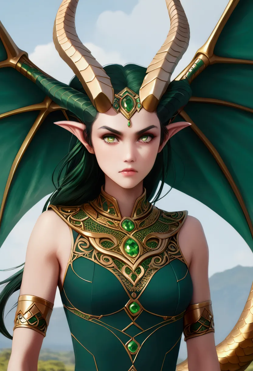 a dragon woman with dragon wings and horns, greenish green with golden ornaments, high jump, tall and thin woman, olhos ruby, se...