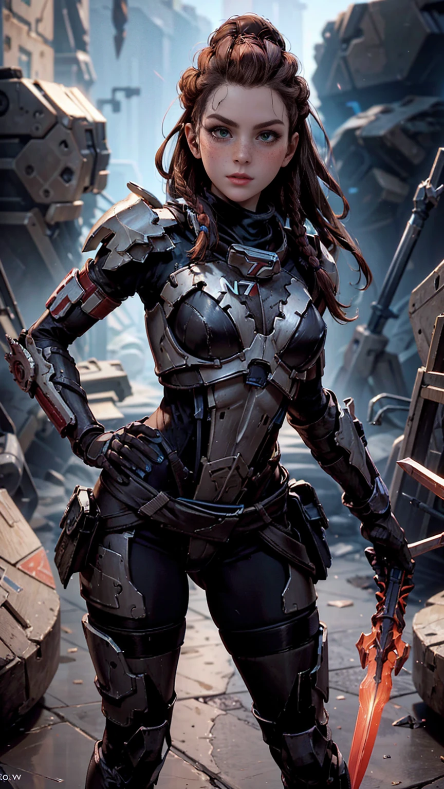 Aloy from horizon forbidden west, short stature, rock climber physique, green eyes, reddish brown hair, braids, hair tubes, hair ornaments, freckles, thick eyebrows, BREAK: ((wearing salvaged parts of N7 armor)), (armor detail text reads "NY7"), wearing flat heeled boots, ((holding an omni-blade shaped like a spear)), BREAK: excited expression, detailed eyes, beautiful lips, intricately detailed hands, best hands, perfect hands, BREAK: 8k, absurdres, award-winning game art, promotional art, strong details in everything, sharp shadows, studio lighting, BREAK: interior of techno ruins, contrapposto stance, in various fighting poses, BREAK: HFWAloy, N7armor, omniblade