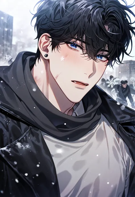 absurdres, highres, ultra detailed, HDR, master piece, best quality, extremely detailed, detailed eyes, delicated features, Manhwa Style, Kang Woojin, black hair, messy hair, expressive dark blue eyes, Love Jinx, solo, sexy man, handsome, sensual, adult face, black jacket, gray sweater, white shirt, black scarf, black bracelets, ear piercings, post apocalyptic city, snow, snowing, snowflakes, zombies walking in the background, blood on the snow, dark fantasy, apocalyptic scenario 