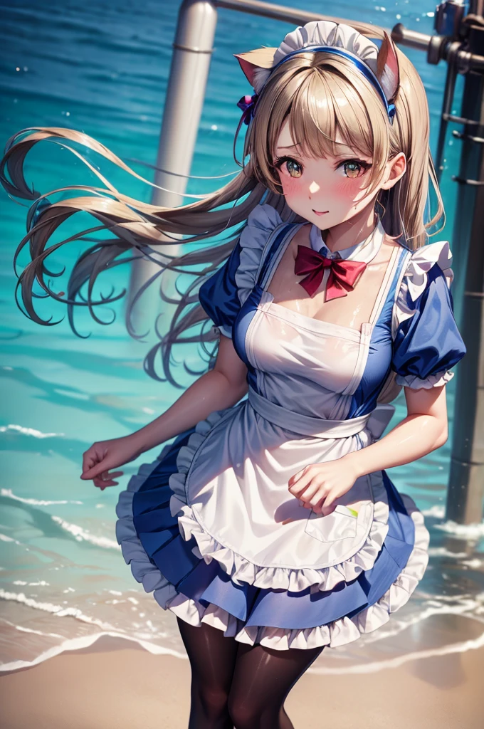 Close-up from below、Close-up from below、Close-up from below、Thigh close-up、naked、apron、Cat ears、water-repellent skin,radiant skin,Her skirt is flipped up、Minami Kotori, from Love Live,The pants are exposed、oil skin, swearting, pantyhose, oil skin, sweating, blush, pantyhose, wet, thighs glistening with liquid allure,Stylish girl, wearing a apron, detailed accessories,