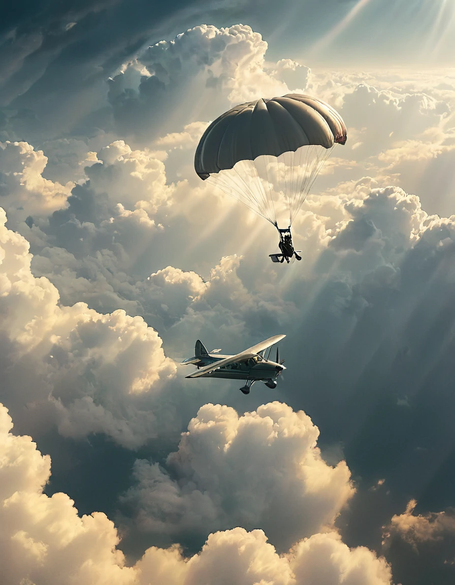 a small plane in the clouds, a person parachuting out, detailed clouds, sunlight streaming through clouds, dramatic cinematic lighting, hyperrealistic, photorealistic, highly detailed, 8k, best quality, masterpiece, cinematic