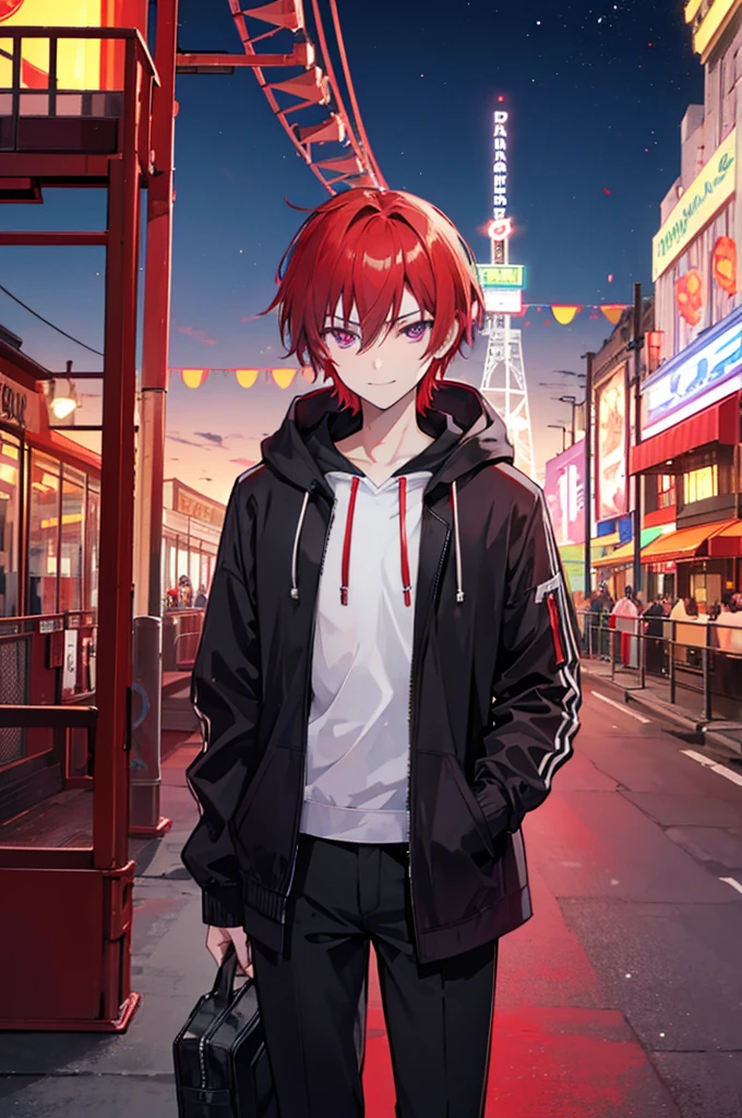 Face through torso, 1man, mature male in his 20s, short hair(Red hair, hair between eyes), sharp and masculine purple eyes(no highlights), sinister smile, mysterious aura like a mastermind behind all events, wearing white hoodie under casual jacket, black pants, controlling red death energy, standing in front of a closed amusement park's Ferris wheel at night with a blood-red moon in the background