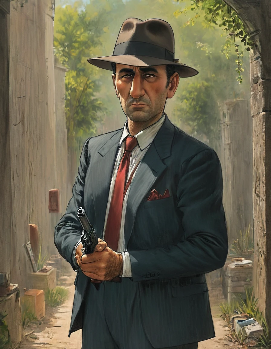 Create a sketch of a mafia man with a classic, menacing appearance. He should be wearing a sharp suit, a fedora hat, and holding a gun with confidence. His expression should be intimidating and authoritative.