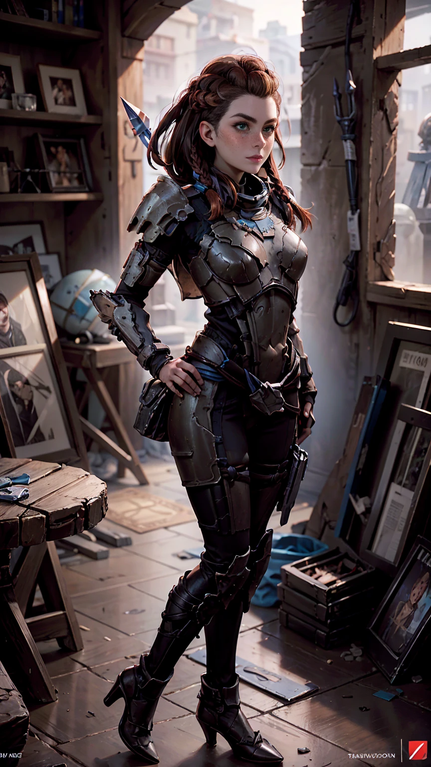 Aloy from horizon forbidden west, short stature, rock climber physique, green eyes, reddish brown hair, braids, hair tubes, hair ornaments, freckles, thick eyebrows, BREAK: wearing makeshift armor, ((wearing salvaged parts of N7 armor)), (armor detail text reads "NY"), wearing flat heeled boots, ((holding an omni-blade shaped like a spear)), BREAK: excited expression, detailed eyes, beautiful lips, intricately detailed hands, best hands, perfect hands, BREAK: 8k, absurdres, award-winning game art, promotional art, strong details in everything, sharp shadows, studio lighting, BREAK: interior of techno ruins, contrapposto stance, in various fighting poses, BREAK: HFWAloy, N7armor, omniblade