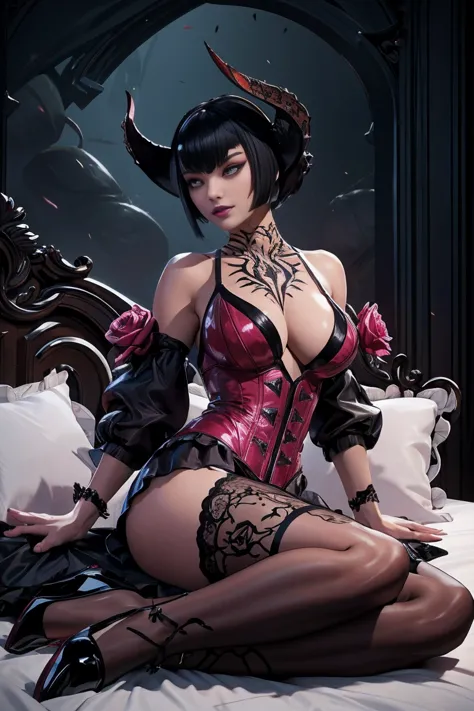 a woman in a corset sitting on a bed with a cat beautifully lit, intricate details, sexy,  large , gothic woman with black hair,...