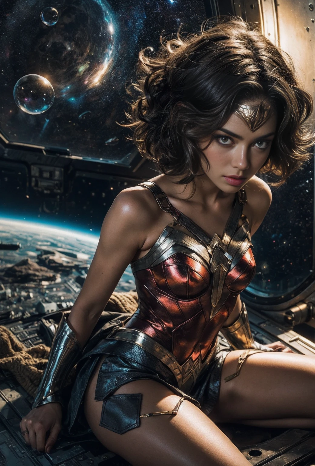 (Highly surreal, realistic illustration, realistic photo), (Masterpiece), (Top quality), (Official art, Highly detailed CG Unity 8k wallpaper), (Highly detailed), ((Outrageous)), 1 girl, Beautiful face with perfect symmetry, Wonder Woman suit, Short curly hair, Blonde hair, Beautiful face, Masterpiece, Exquisite details, Complete anatomy, Stars in the eyes, White thighs without shoes, Beautiful legs, All kinds of colorful bubbles, Glass, Perfect symmetry, (((Colored bubbles))), Colorful glass, (Expanse of space, Dramatic lighting), Soft light, Cinematic,