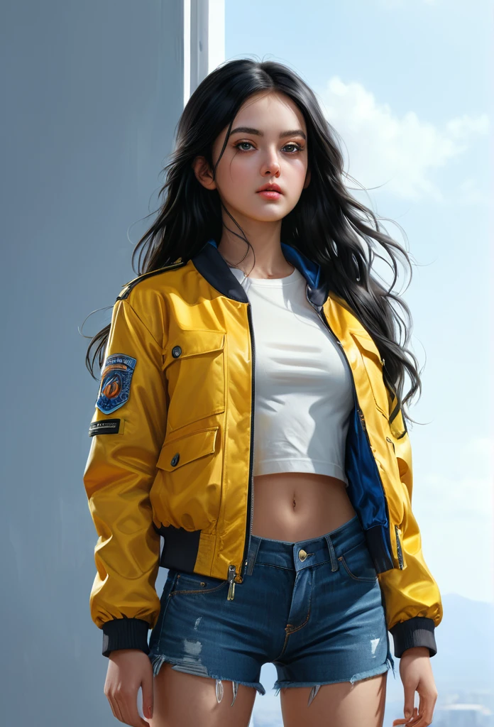 (Masterpiece), (Top Quality), (Best Illustration), (Photorealistic Painting), (Official Art, Highly Detailed CG Unity 8k Wallpaper), (Highly Detailed), ((Outrageous)), Medium Shot, One Girl, Yellow Jacket, Hands in Pockets, Staring at Another, Long Black Hair, Heterochromia, 8k Resolution, Highly Detailed, Anatomically Correct, Digital Painting, Concept Art, Sharp Resolution.