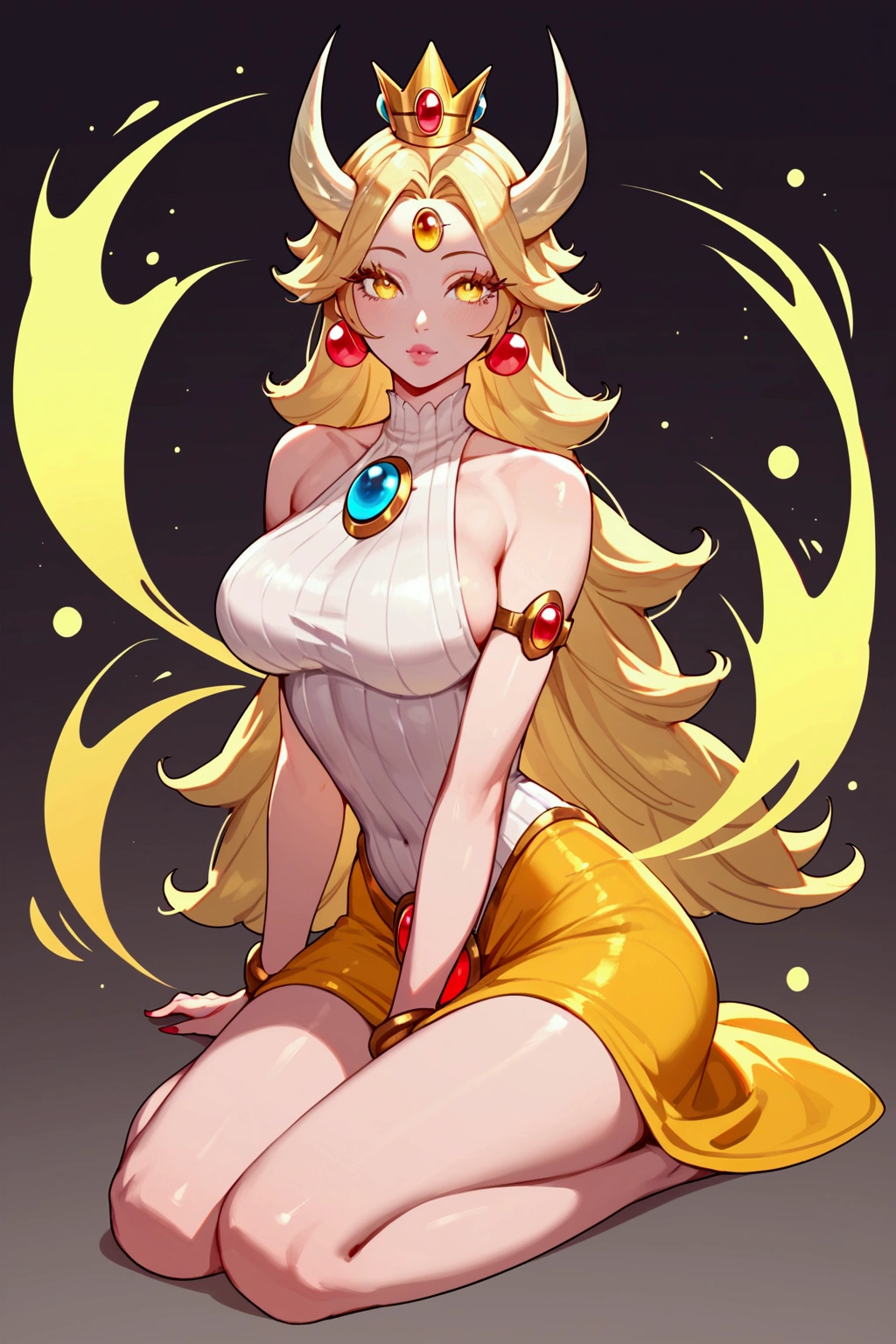 score_9, score_8_up, score_7_up, Soraka (league of legends), 1 girl, yellow eyes, horn on her forehead, blonde hair, sexy, full body, squinty eyes, earrings, long eyelashes, sexy, big bust, pretty face, dressed as peach (Mario Bros)