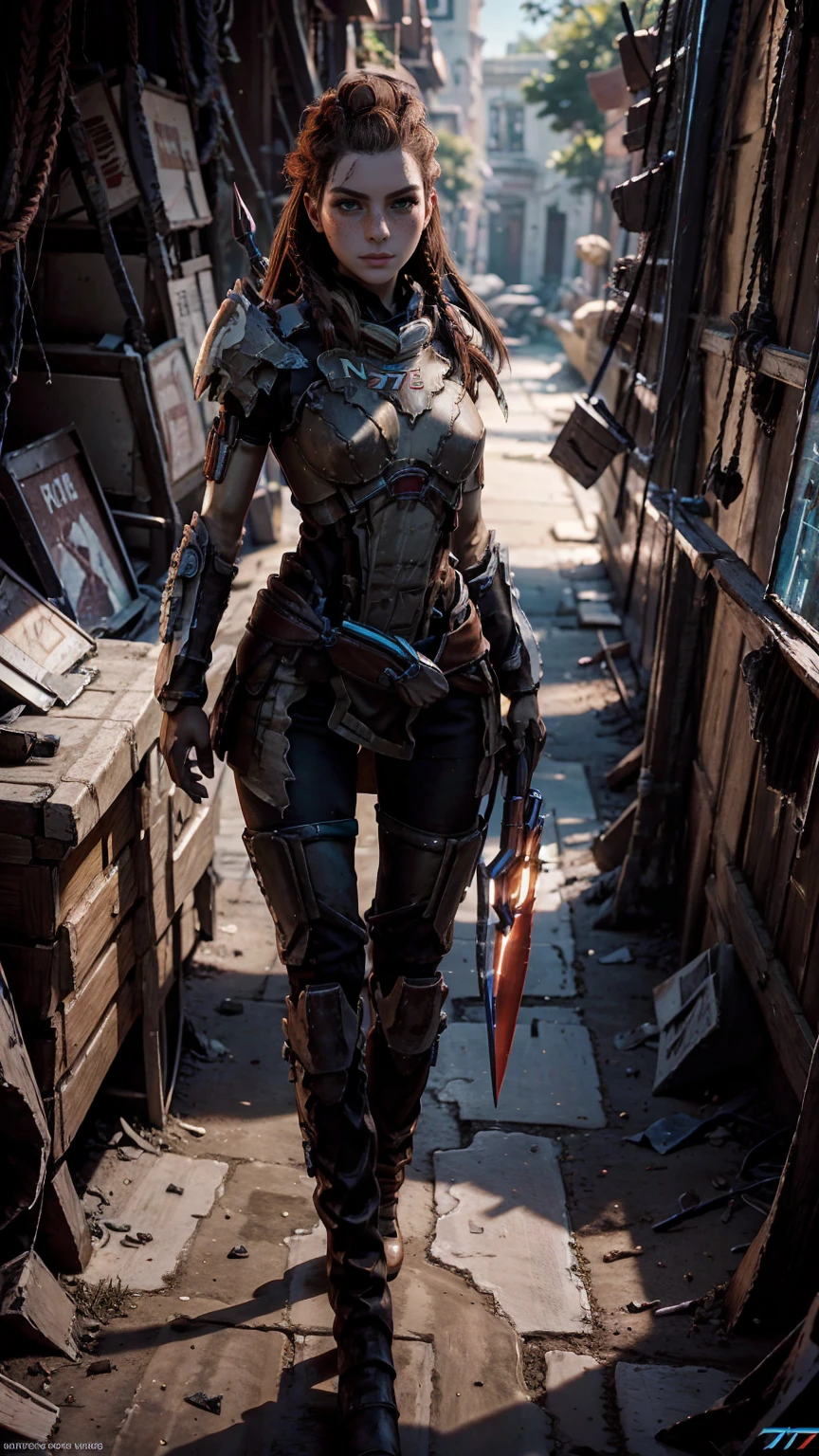 Aloy from horizon forbidden west, short stature, rock climber physique, green eyes, reddish brown hair, braids, hair tubes, hair ornaments, freckles, thick eyebrows, BREAK: wearing makeshift armor, ((wearing salvaged parts of N7 armor)), (armor detail text reads "NY"), wearing flat heeled boots, ((holding an omni-blade shaped like a spear)), BREAK: excited expression, detailed eyes, beautiful lips, intricately detailed hands, best hands, perfect hands, BREAK: 8k, absurdres, award-winning game art, promotional art, strong details in everything, sharp shadows, studio lighting, BREAK: interior of techno ruins, contrapposto stance, in various fighting poses, BREAK: HFWAloy, N7armor, omniblade