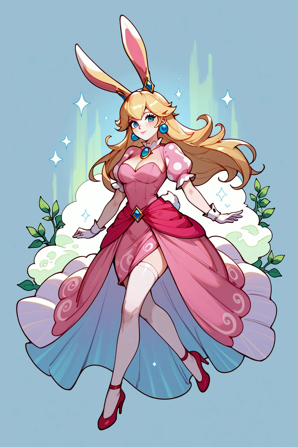 score_9, score_8_up, score_7_up, Aurora (league of legends), 1 girl, blue eyes, blonde bunny ears, freckles, blonde hair, sexy, full body, squinty eyes, earrings, long eyelashes, sexy, big bust, pretty face, dressed as peach (Mario Bros), pink dress