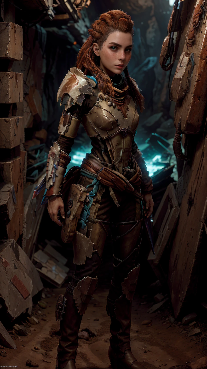 Aloy from horizon forbidden west, short stature, rock climber physique, green eyes, reddish brown hair, braids, hair tubes, hair ornaments, freckles, thick eyebrows, BREAK: wearing makeshift armor, ((wearing salvaged parts of N7 armor)), (armor detail text reads "NY"), wearing flat heeled boots, ((holding an omni-blade shaped like a spear)), BREAK: excited expression, detailed eyes, beautiful lips, intricately detailed hands, best hands, perfect hands, BREAK: 8k, absurdres, award-winning game art, promotional art, strong details in everything, sharp shadows, studio lighting, BREAK: interior of techno ruins, contrapposto stance, in various fighting poses, BREAK: HFWAloy, N7armor, omniblade