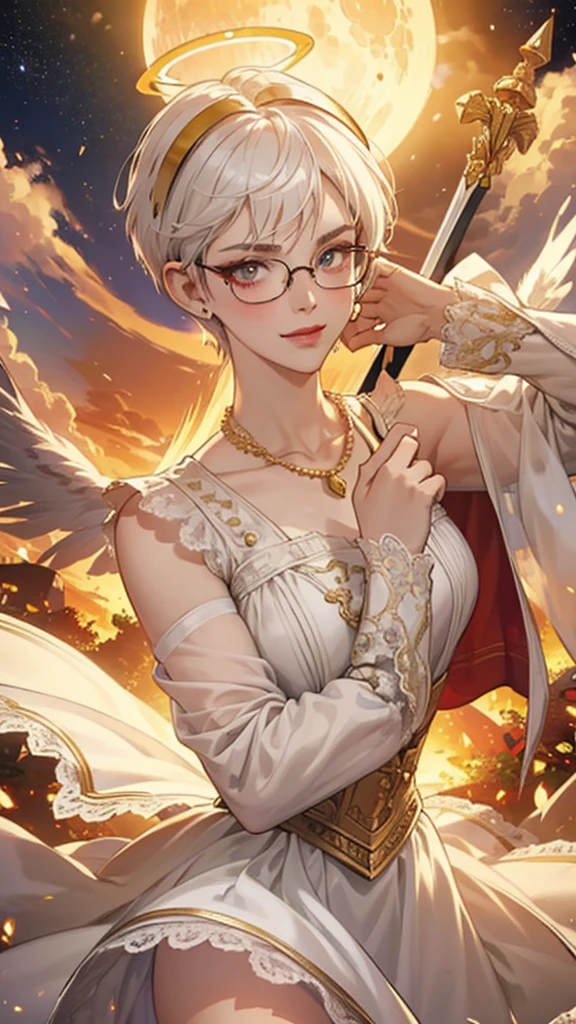 8k, masterpiece, best quality, highly detailed, 1 girl, tiefling, paladin, devil horns, pixie cut, multicolored hair, very short straight hair red highlight hair on white hair, strippled hair, wearing glasses, round glasses, earrings, red eyeshadow, long eyelashes, blushed cheek, red lips, pearl necklace, rings, collarbone, mole on face, glamorous, white and gold clothes, sleeveless, laced dress, miniskirt, smirk, close up view, rings, looking at viewer, solo, holding sword, sword point to the sky, starry sky, radiant gold moon, standing, golden halo, white lace gloves, heavenly scene, halo, holy palace in background.