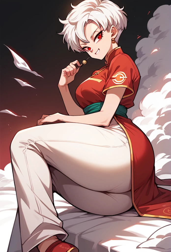 woman, Short brown hair with white streak,White hair, big ass, sitting with a provocative smile  , red eyes,Oriental red dress with gold print, black pants,short sleeve, white pants , Dragon ball style,drawn