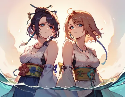 （two girls:1.3）yuna and lulu in shrine maiden clothes　beside beach