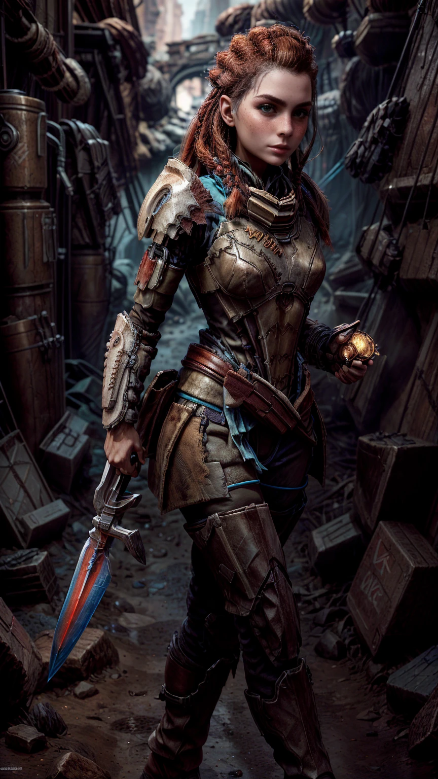 Aloy from horizon forbidden west, short stature, rock climber physique, green eyes, reddish brown hair, braids, hair tubes, hair ornaments, freckles, thick eyebrows, BREAK: wearing makeshift armor, ((wearing salvaged parts of N7 armor)), (armor detail text reads "NY"), wearing flat heeled boots, ((holding an omni-blade shaped like a spear)), BREAK: excited expression, detailed eyes, beautiful lips, intricately detailed hands, best hands, perfect hands, BREAK: 8k, absurdres, award-winning game art, promotional art, strong details in everything, sharp shadows, studio lighting, BREAK: interior of techno ruins, contrapposto stance, in various fighting poses, BREAK: HFWAloy, N7armor, omniblade