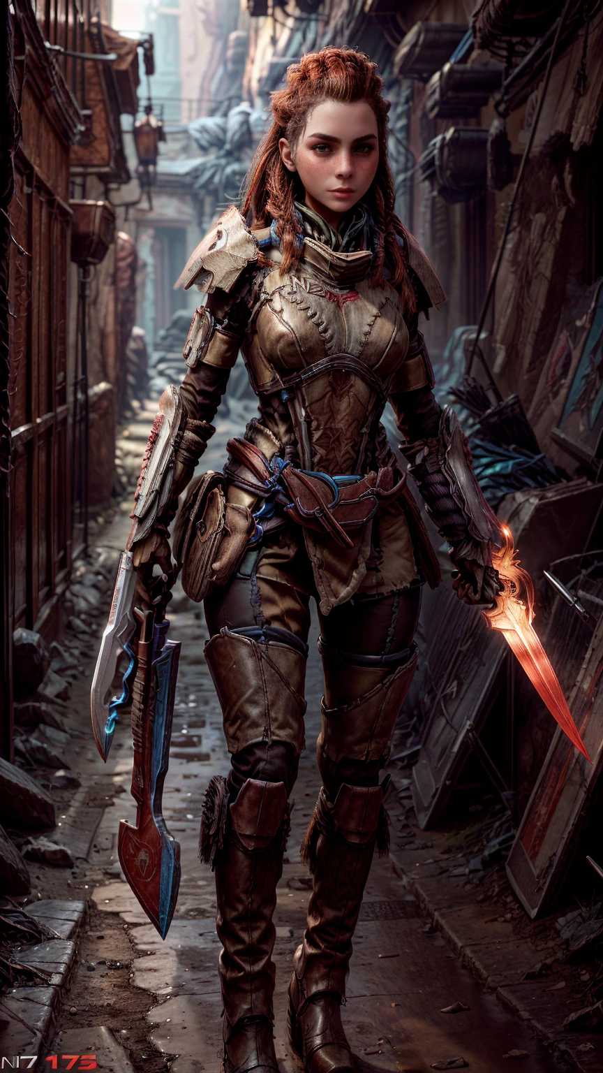 Aloy from horizon forbidden west, short stature, rock climber physique, green eyes, reddish brown hair, braids, hair tubes, hair ornaments, freckles, thick eyebrows, BREAK: wearing makeshift armor, ((wearing salvaged parts of N7 armor)), (armor detail text reads "NY"), wearing flat heeled boots, ((holding an omni-blade shaped like a spear)), BREAK: excited expression, detailed eyes, beautiful lips, intricately detailed hands, best hands, perfect hands, BREAK: 8k, absurdres, award-winning game art, promotional art, strong details in everything, sharp shadows, studio lighting, BREAK: interior of techno ruins, contrapposto stance, in various fighting poses, BREAK: HFWAloy, N7armor, omniblade