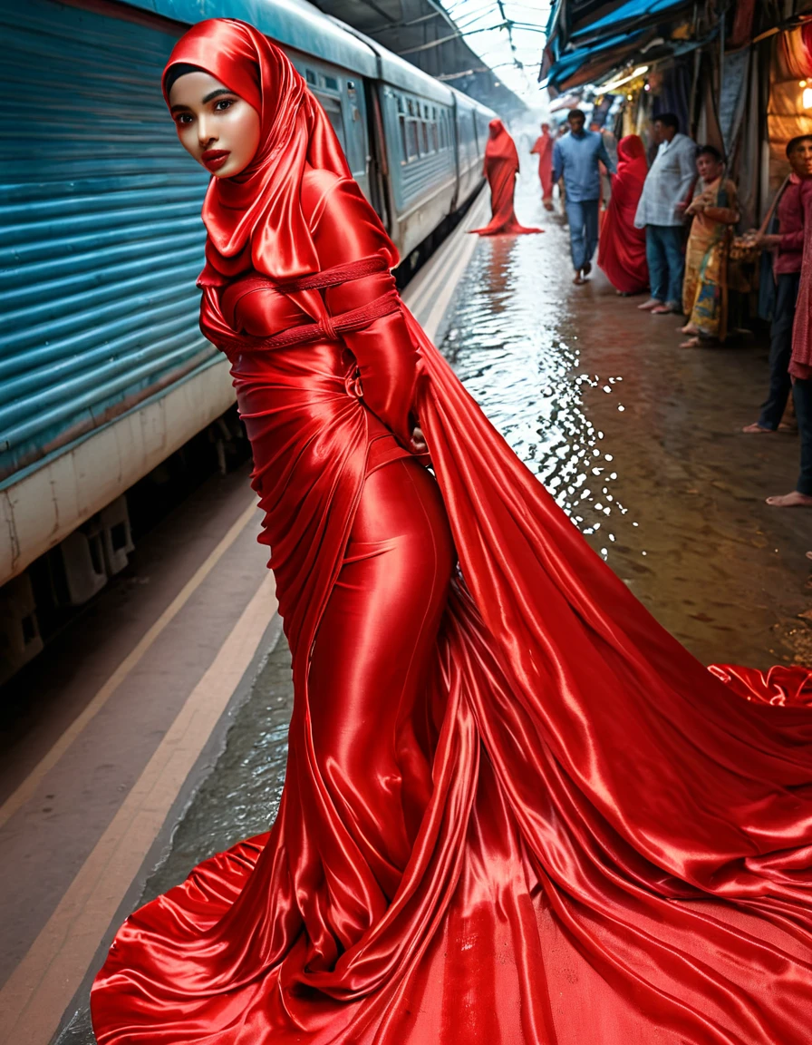 woman shrouded in a 10-meter-long, plush red semi transparent satin shimmer cloth, tightly bound and grandly draping along the form of her body, flowing off into a pooled floor-length train, styled in a mermaid-inspired outfit, her head modestly veiled in a satin hijab, in traditional wet market, a full-body pose conveying a sense of mysterious elegance, captured in a 4k resolution, ultra-realistic