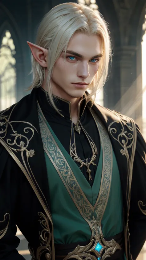 beautiful young male elf, long platinum blonde hair, uhd, super detailliert, beste qualität, genau, fair complexion, delicate fa...