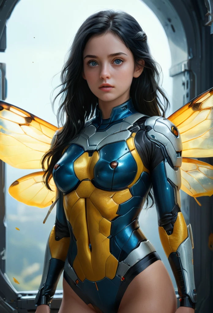 (masterpiece), (Best quality), (Best Illustration), (Photorealistic Painting), (official art, Very detailed CG Unity 8k Wallpaper), (Very detailed), ((It's absurd)), medium shot, one girl, wasp, Put your hands in your pockets, stare at someone else, long black hair, heterochromia, 8K resolution, Very detailed, anatomically correct, digital painting, concept art, Clear resolution.