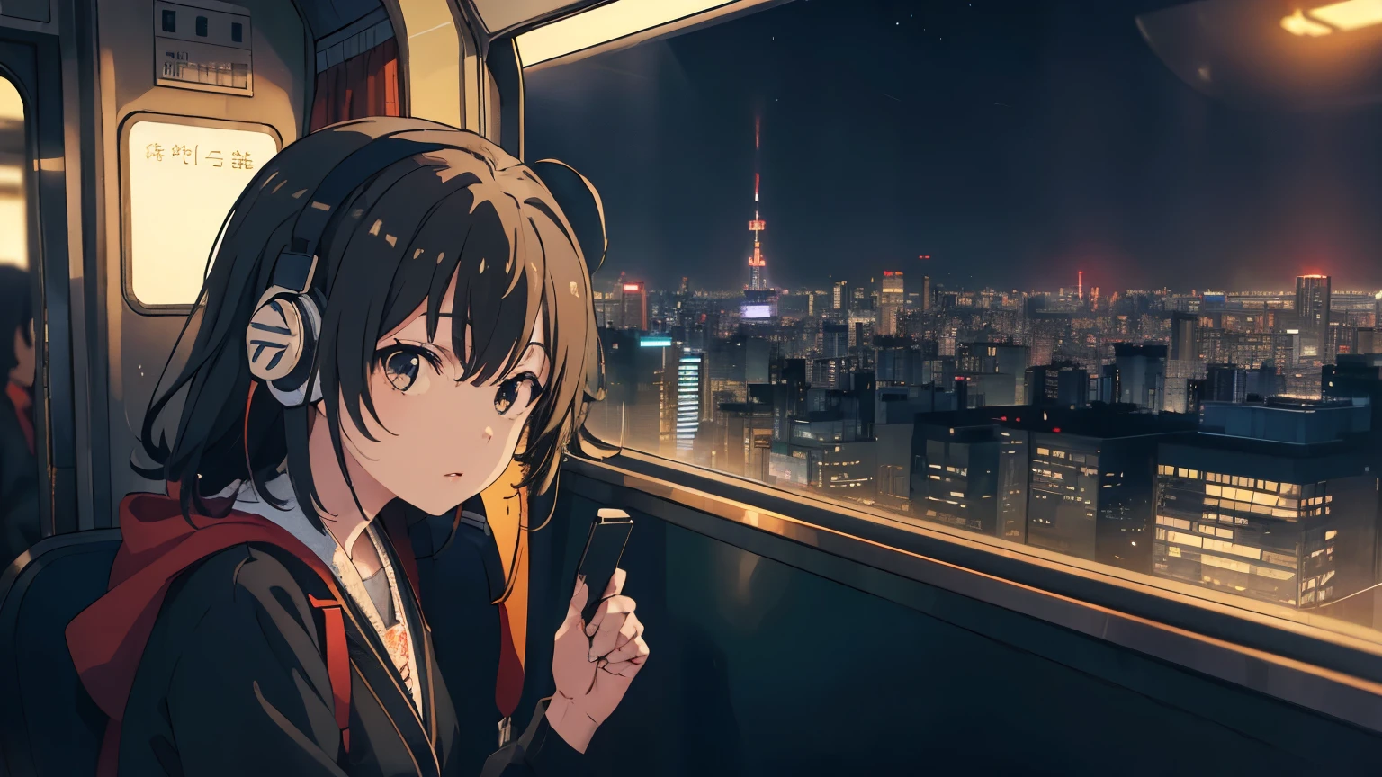 ((highest quality)), ((masterpiece)), (detailed), a girl wearing headphones sitting in the last train of the Yamanote Line, gazing out of the window. Through the window, the vibrant night skyline of Tokyo is clearly visible, with illuminated skyscrapers, neon signs, and bustling city lights. The interior of the train has clean seats and soft lighting, creating a calm, late-night atmosphere. The focus is on both the girl and the detailed Tokyo night view outside the window.