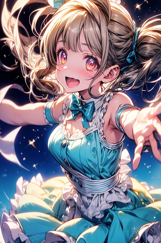 Minami Kotori,Live,Sing a song,Tears of joy,microphone,Open your arms,fun,Penlight,背景にPenlight,One girl, Mined water, love live!, Pastel colors, Twin tails, Maid, Large Breasts,happy,retirement,bright,Light masterpiece, Best Quality, up to date, so beautiful, Absurd, The absolute solution, Super detailed, 8k, Ultra-fine illustrations, Very exquisite beautiful face and eyes, Perfect Anatomy, Professional Lighting,Stars in your eyes