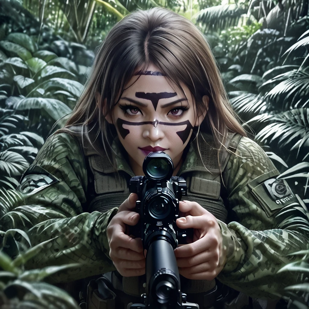 a woman soldier in camouflage body paint, stealthy combat squad, multiple invisible female soldiers, blurry body outlines, aiming sniper rifle at the viewer, realistic, photorealistic style, dense jungle, hidden in the lush jungle, face painted in intricate patterns, blending into the jungle, glimpses of face and hands visible, dark due to lack of sunlight in the deep jungle