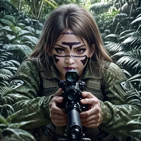 a woman soldier in camouflage body paint, stealthy combat squad, multiple invisible female soldiers, blurry body outlines, aimin...