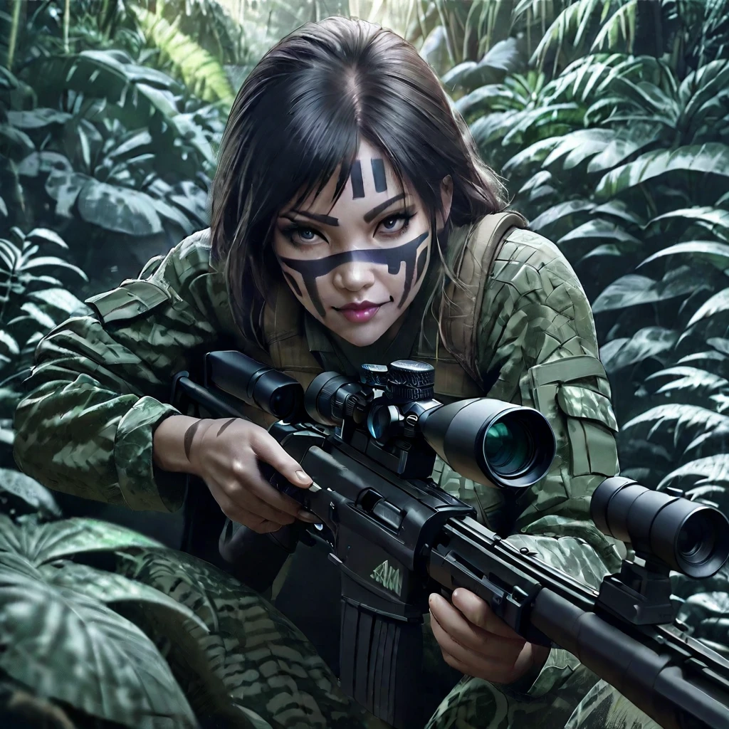 a woman soldier in camouflage body paint, stealthy combat squad, multiple invisible female soldiers, blurry body outlines, aiming sniper rifle at the viewer, realistic, photorealistic style, dense jungle, hidden in the lush jungle, face painted in intricate patterns, blending into the jungle, glimpses of face and hands visible, dark due to lack of sunlight in the deep jungle