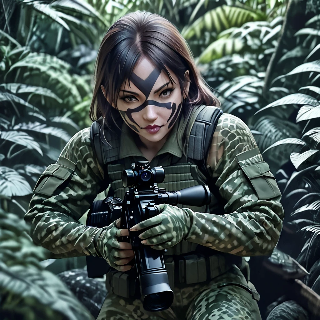 a woman soldier in camouflage body paint, stealthy combat squad, multiple invisible female soldiers, blurry body outlines, aiming sniper rifle at the viewer, realistic, photorealistic style, dense jungle, hidden in the lush jungle, face painted in intricate patterns, blending into the jungle, glimpses of face and hands visible, dark due to lack of sunlight in the deep jungle