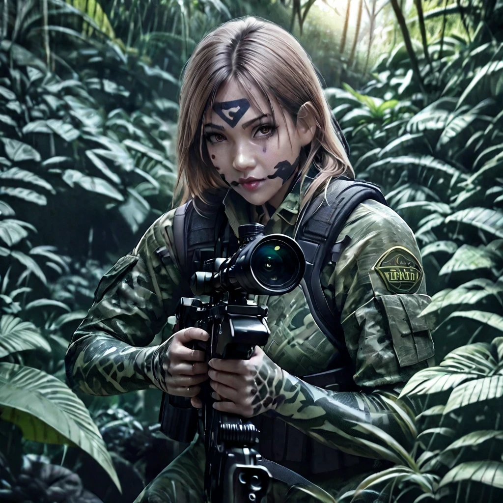 a woman soldier in camouflage body paint, stealthy combat squad, multiple invisible female soldiers, blurry body outlines, aiming sniper rifle at the viewer, realistic, photorealistic style, dense jungle, hidden in the lush jungle, face painted in intricate patterns, blending into the jungle, glimpses of face and hands visible, dark due to lack of sunlight in the deep jungle