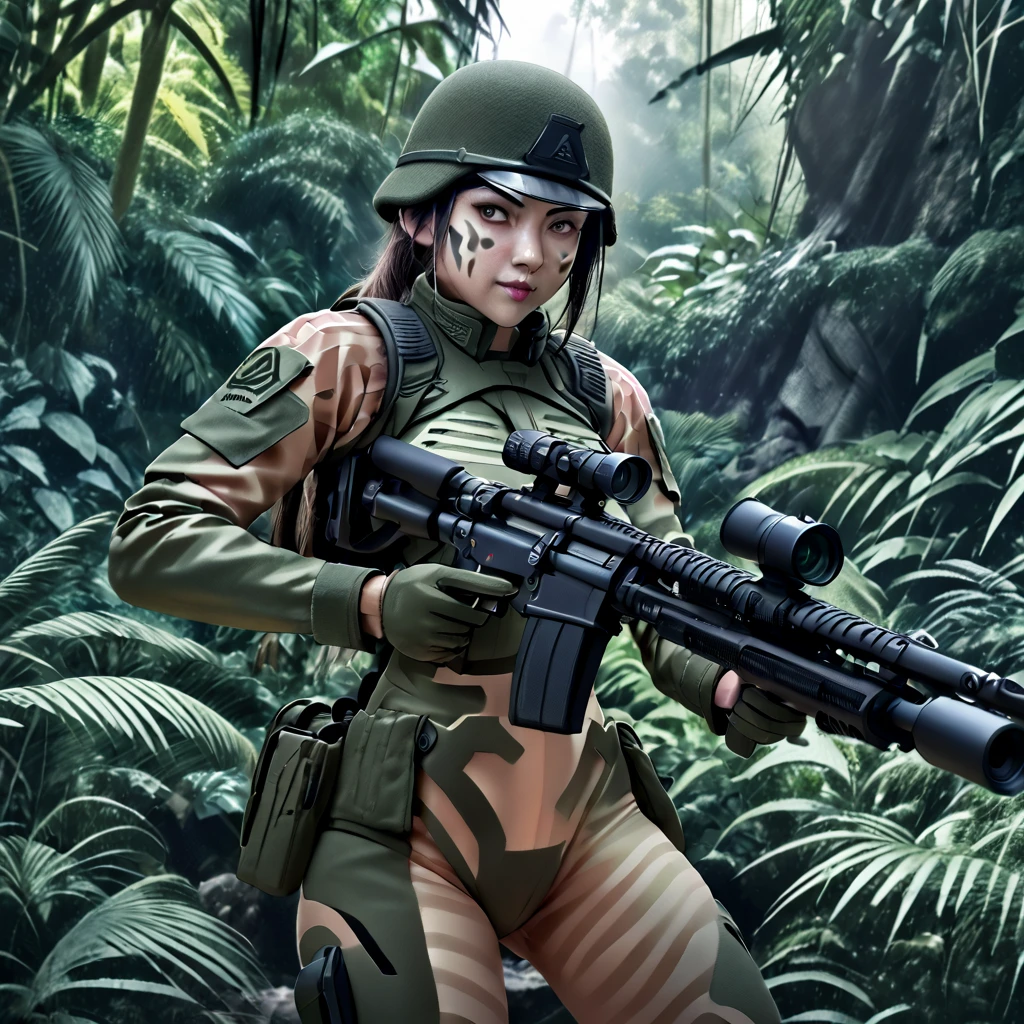 (a female soldier in a sheer combat uniform:1.5), stealth infantry combat group, multiple invisible female soldiers, blurry body outlines, aiming a sniper rifle at the viewer, (realistic, photorealistic style), dense jungle, hiding in the lush jungle, face painted with intricate patterns, camouflaged in the jungle, with only the face and hands visible, dark jungle with little sunlight penetrating