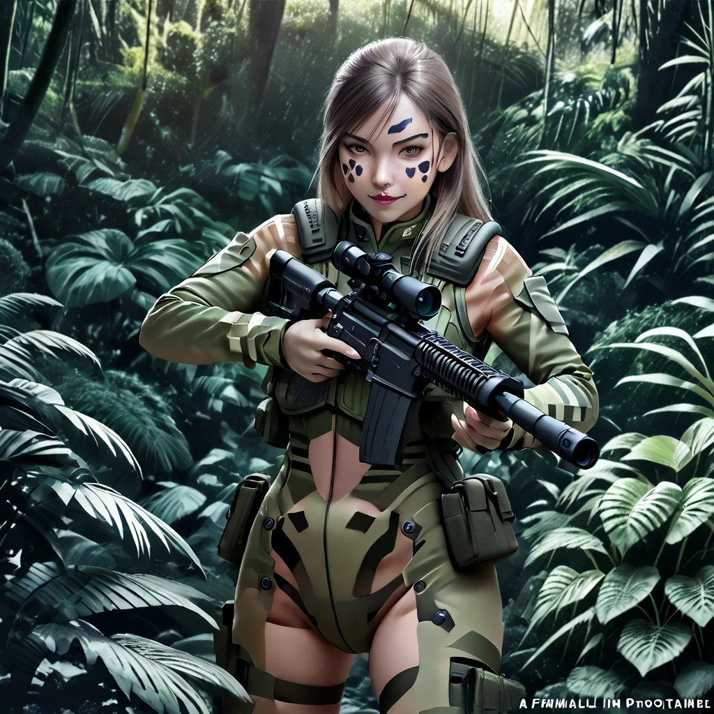 (a female soldier in a sheer combat uniform:1.5), stealth infantry combat group, multiple invisible female soldiers, blurry body outlines, aiming a sniper rifle at the viewer, (realistic, photorealistic style), dense jungle, hiding in the lush jungle, face painted with intricate patterns, camouflaged in the jungle, with only the face and hands visible, dark jungle with little sunlight penetrating