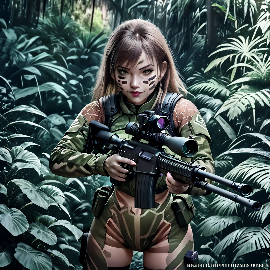 (a female soldier in a sheer combat uniform:1.5), stealth infantry combat group, multiple invisible female soldiers, blurry body outlines, aiming a sniper rifle at the viewer, (realistic, photorealistic style), dense jungle, hiding in the lush jungle, face painted with intricate patterns, camouflaged in the jungle, with only the face and hands visible, dark jungle with little sunlight penetrating