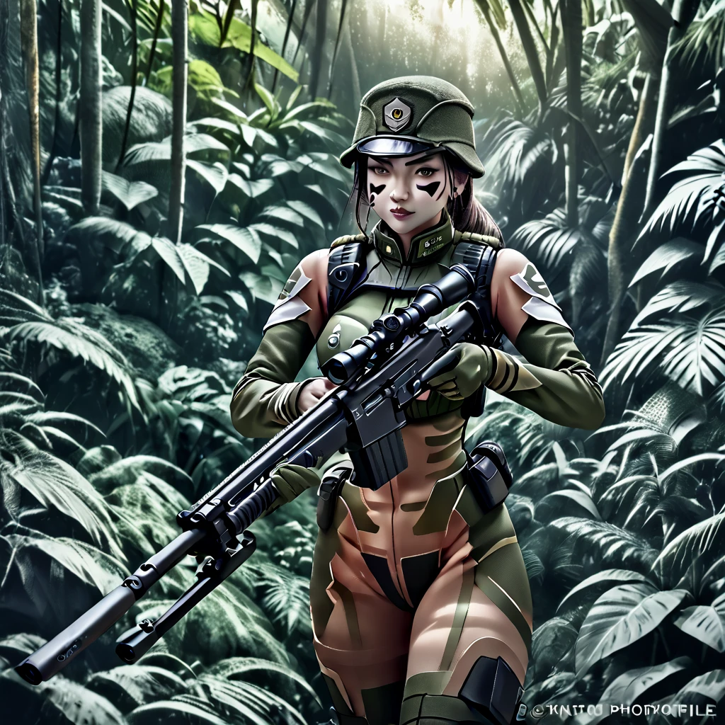 (a female soldier in a sheer combat uniform:1.5), stealth infantry combat group, multiple invisible female soldiers, blurry body outlines, aiming a sniper rifle at the viewer, (realistic, photorealistic style), dense jungle, hiding in the lush jungle, face painted with intricate patterns, camouflaged in the jungle, with only the face and hands visible, dark jungle with little sunlight penetrating