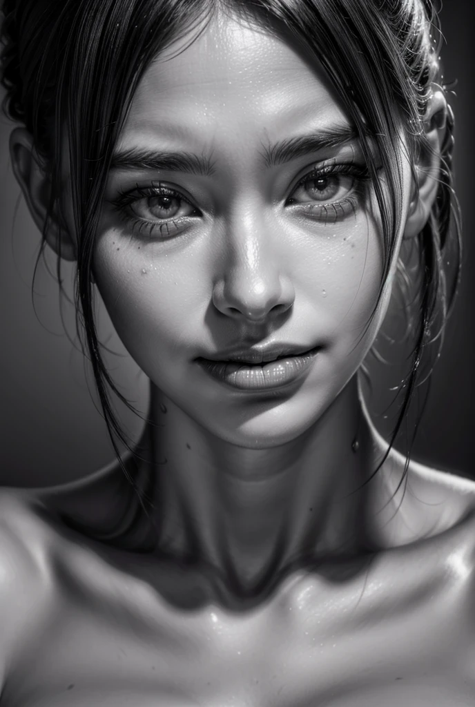 A detailed portrait of a girl with a sad smile, looking at the viewer, in a monochrome, greyscale style, high quality, photorealistic, masterpiece, 4k, ultra-detailed, realistic, sharp focus, physically-based rendering, vivid colors, studio lighting, beautiful detailed eyes, beautiful detailed lips, extremely detailed face and expression