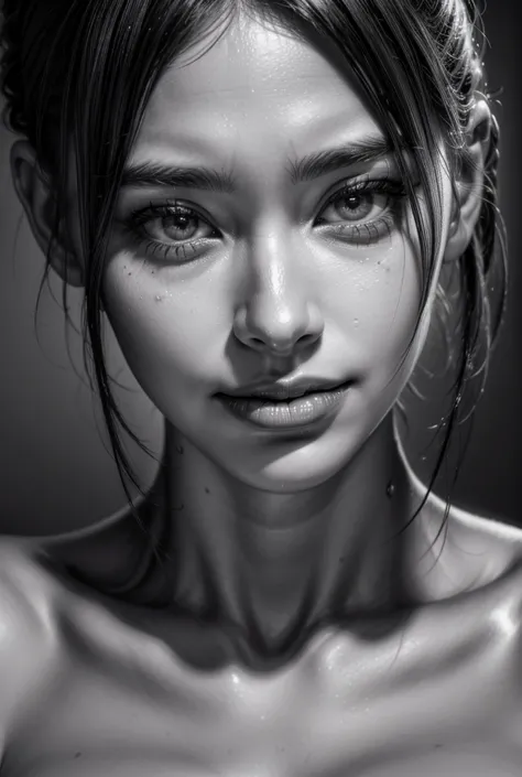 a detailed portrait of a girl with a sad smile, looking at the viewer, in a monochrome, greyscale style, high quality, photoreal...