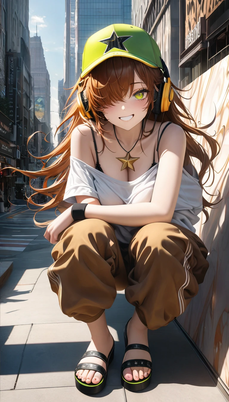 cute woman, psychopathic facial expression, loose fashion (baggy green and white shoulderless T-shirts layered on top of each other, white and green baseball cap worn diagonally and low to cover one eye, baggy azuki-brown pants, sandals, black bra straps, black wristbands), big yellow star pendant, yellow headphones around her neck, striking beautiful eyes, glossy silky brown orange messy hair, amorous and lewd expression, perfect proportions, background swirling pastel marble pattern, cityscape, delicate and dynamic textures, contrasts of light and shadow, 2.5D, artistic photography, hyper realistic, digital graphic CG, ultra detailed, absolutely resolution, best quality