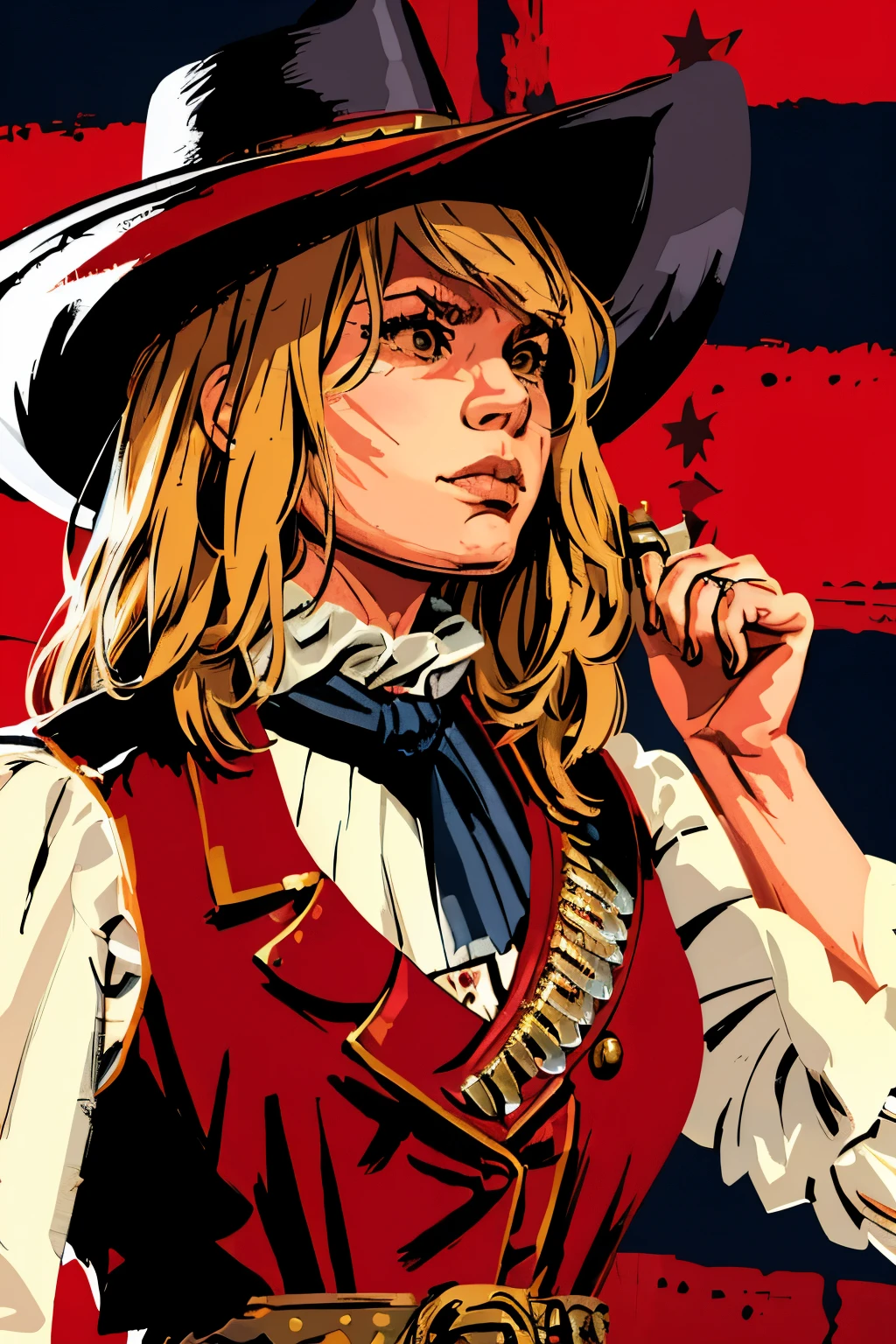 womam, hat and vest, red dead redemption 2, female, solo, cowgirl, sheriff, white shirt standing, accurate detailed face, characterclose up, completaly black hat,blonde hair, beautiful hair