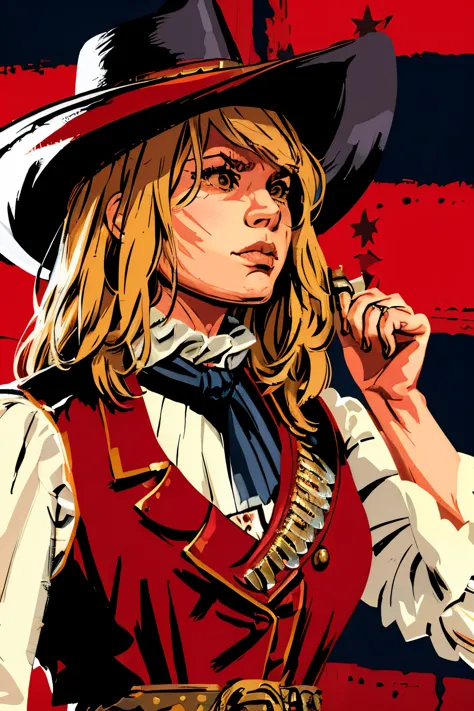 womam, hat and vest, red dead redemption 2, female, solo, cowgirl, sheriff, white shirt standing, accurate detailed face, charac...