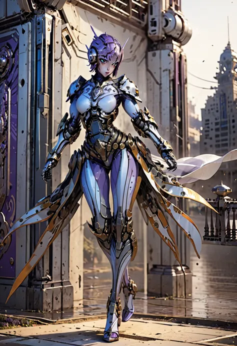 1girl, solo,perfect face, perfect eyes, purple hair, sexy pose, wearing cybernetic  mecha armor, very detailed armor, rust and d...