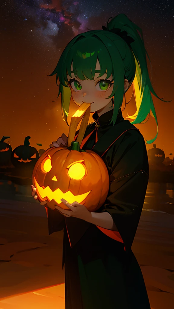 1 young girl、Orange Hair、Glowing green eyes、Side Ponytail、jack o lantern、halloween、smile、Eating French Fries、Colorful starry sky、Iridescent aura、Orange and green colour scheme、Outdoor、Shadow lighting