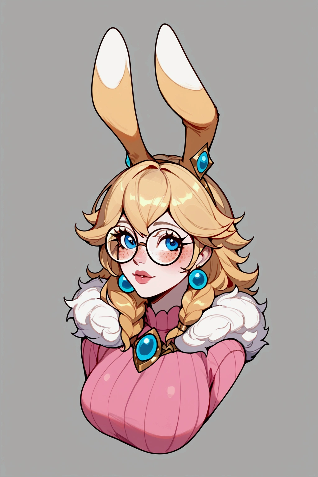 score_9, score_8_up, score_7_up, Aurora (league of legends), 1 girl, blue eyes, blonde bunny ears, round glasses, freckles, blonde hair, sexy, full body, squinty eyes, earrings, long eyelashes, sexy, big bust, pretty face, dressed as peach (Mario Bros), pink dress