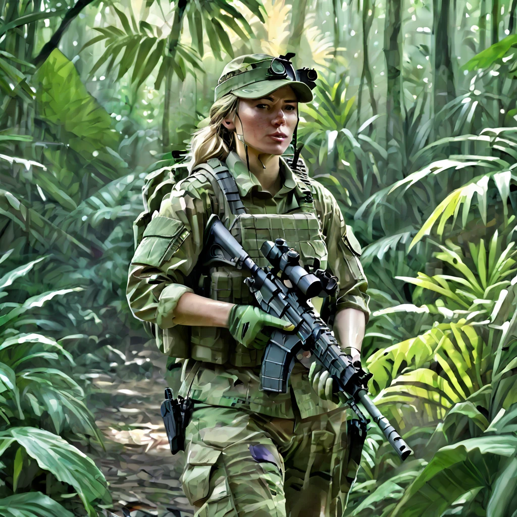 (Female soldier in light combat uniform:1.5)、Stealth Infantry Combat Group、Multiple invisible female soldiers、Blurred body outline、Point a sniper rifle at the viewer、(Real、Photorealistic Style)、Dense forest、Hidden in the lush jungle、Her face is painted with intricate patterns、Camouflaged in the jungle、Only the face and hands are visible、A dark jungle where the sunlight barely penetrates