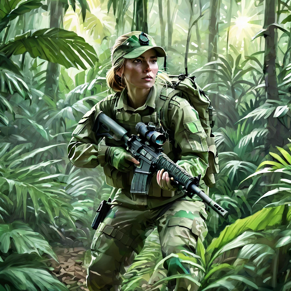 (Female soldier in light combat uniform:1.5)、Stealth Infantry Combat Group、Multiple invisible female soldiers、Blurred body outline、Point a sniper rifle at the viewer、(Real、Photorealistic Style)、Dense forest、Hidden in the lush jungle、Her face is painted with intricate patterns、Camouflaged in the jungle、Only the face and hands are visible、A dark jungle where the sunlight barely penetrates