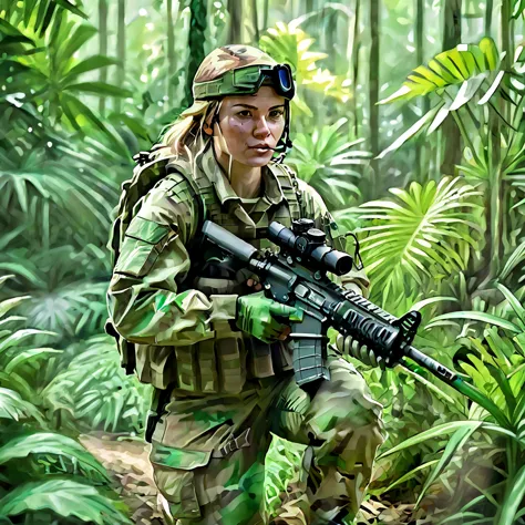 (female soldier in light combat uniform:1.5)、stealth infantry combat group、multiple invisible female soldiers、blurred body outli...