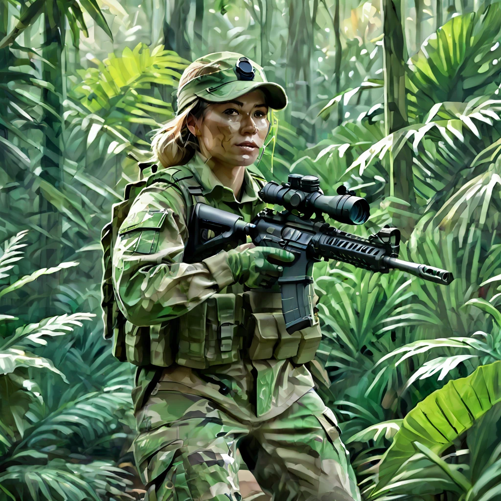 (Female soldier in light combat uniform:1.5)、Stealth Infantry Combat Group、Multiple invisible female soldiers、Blurred body outline、Point a sniper rifle at the viewer、(Real、Photorealistic Style)、Dense forest、Hidden in the lush jungle、Her face is painted with intricate patterns、Camouflaged in the jungle、Only the face and hands are visible、A dark jungle where the sunlight barely penetrates