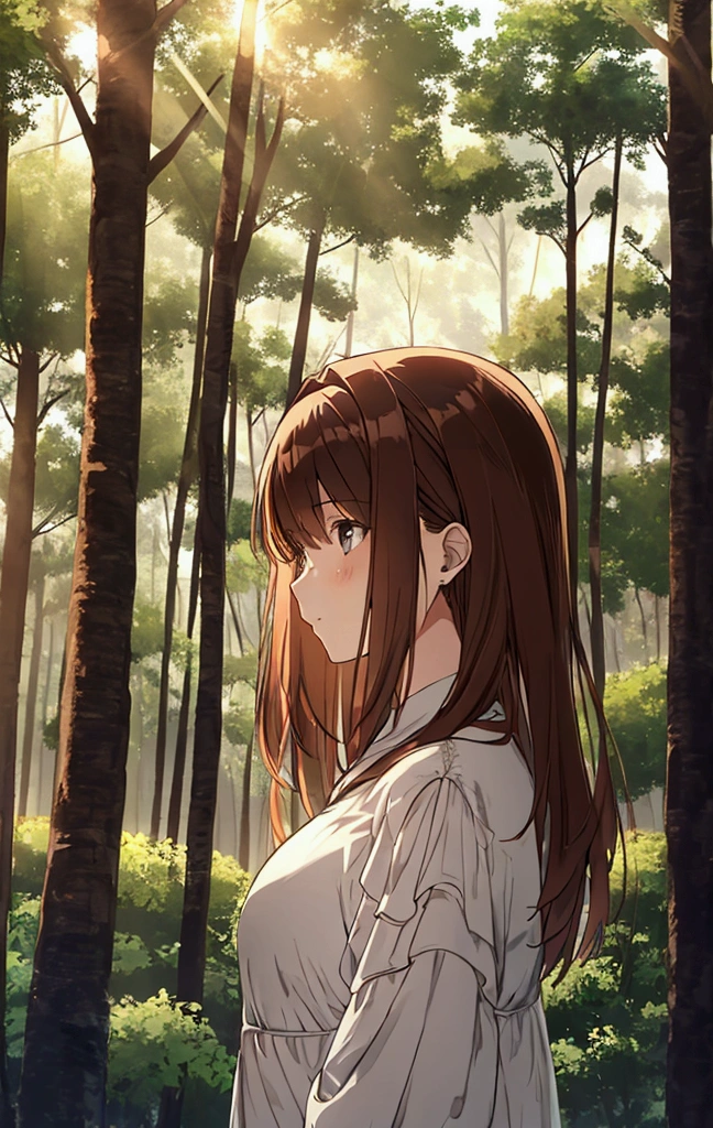 Beautiful and mysterious woman with brown hair, Watching the sunset in a beautiful forest  